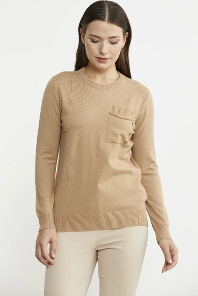 Sıfır Yaka Cepli Düğmeli Triko Kazak - Bej - Resim 3
