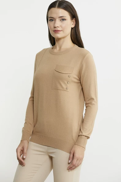 Sıfır Yaka Cepli Düğmeli Triko Kazak - Bej - Resim 4
