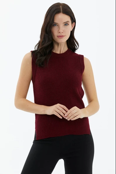 Sıfır Yaka Triko Süveter - Bordo - 3