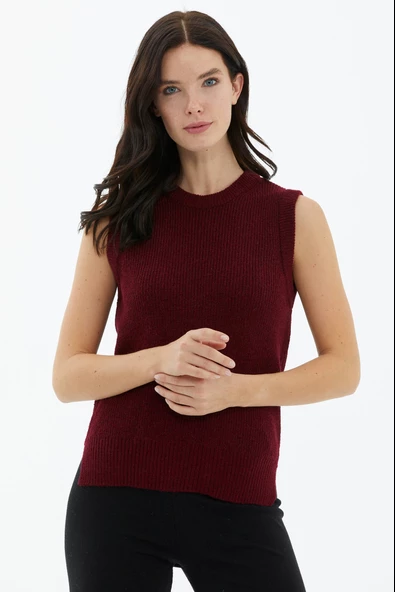Sıfır Yaka Triko Süveter - Bordo