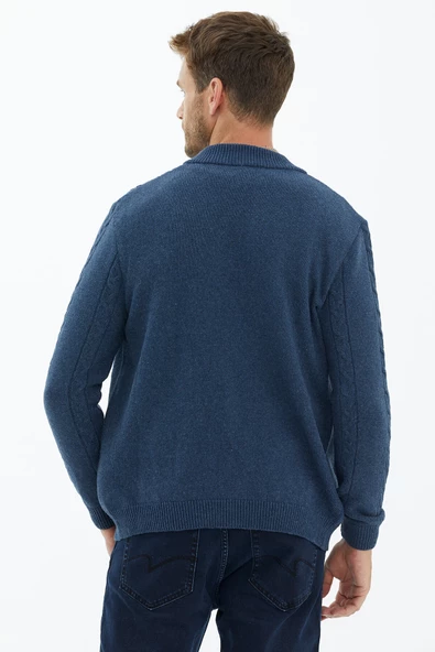 Dik Yaka Fermuarlı Triko Hırka - Indigo - 4