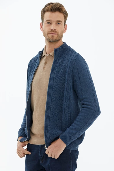 Dik Yaka Fermuarlı Triko Hırka - Indigo - 3