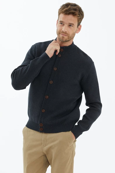 Dik Yaka Düğmeli Triko Hırka - Antrasit - 3