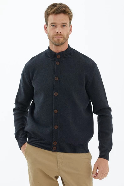 Dik Yaka Düğmeli Triko Hırka - Antrasit - 2