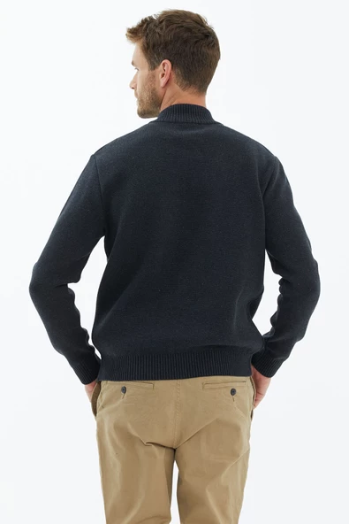 Dik Yaka Düğmeli Triko Hırka - Antrasit - 4