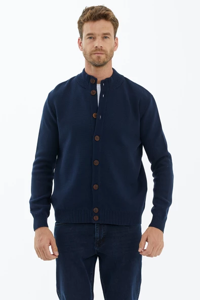 Dik Yaka Düğmeli Triko Hırka - Lacivert - 3