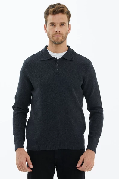 Polo Yaka Düğmeli Triko Kazak - Antrasit - 2