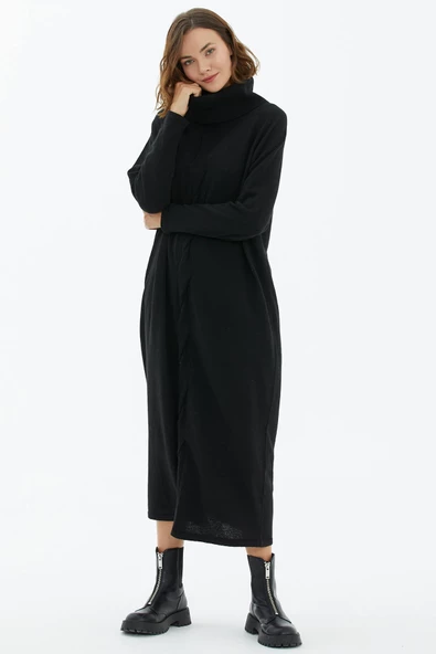 Degaje Yaka Önü Saç Örgülü Triko Elbise - Siyah - 3