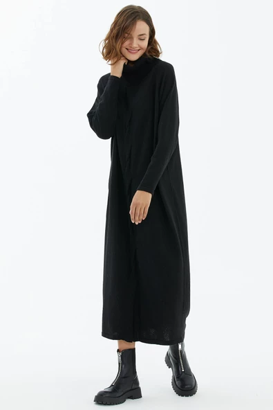 Degaje Yaka Önü Saç Örgülü Triko Elbise - Siyah - 2