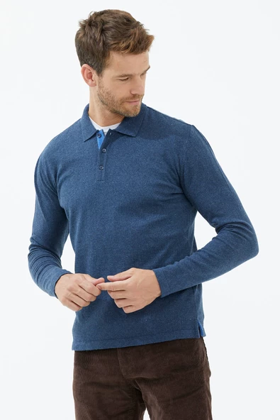 Polo Yaka Patlı  Düğmeli Triko Kazak - Indigo - 2