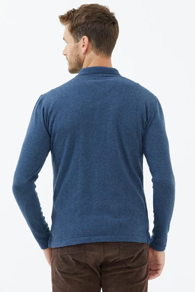 Polo Yaka Patlı  Düğmeli Triko Kazak - Indigo - 4