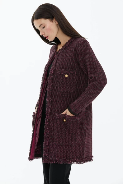 Sıfır Yaka Astarlı Triko Ceket - Kahve - Fuşya - Resim 3