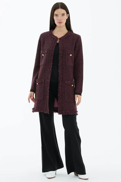 Sıfır Yaka Astarlı Triko Ceket - Kahve - Fuşya ürün görseli 1