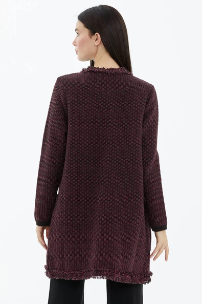 Sıfır Yaka Astarlı Triko Ceket - Kahve - Fuşya - Resim 4