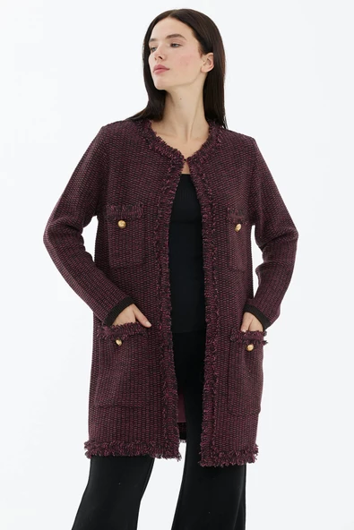 Sıfır Yaka Astarlı Triko Ceket - Kahve - Fuşya - Resim 2