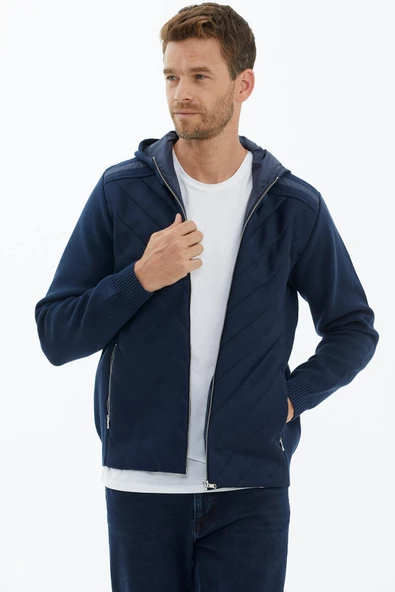 Kapüşonlu Fermuarlı Kapitone Triko Mont - Lacivert - Resim 4