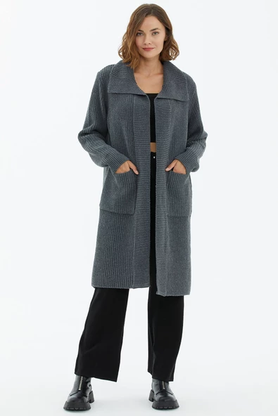 Geniş Yaka Salaş Triko Uzun Hırka - Koyu Gri - Resim 3