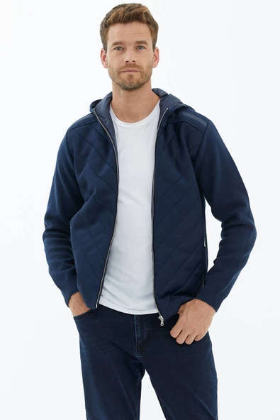 Kapüşonlu Fermuarlı Kapitone Triko Mont - Lacivert - Resim 3