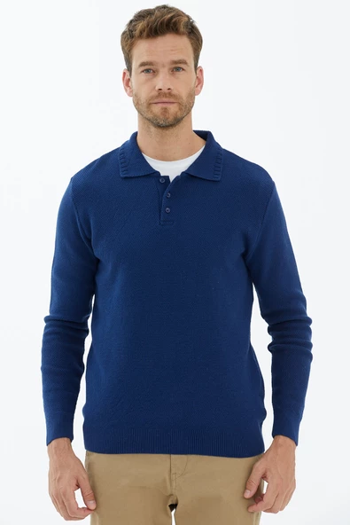 Polo Yaka Düğmeli Triko Kazak - Lacivert - 2