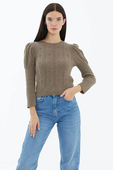 Balon Kol Saç Örgülü Triko Kazak - Vizon ürün görseli