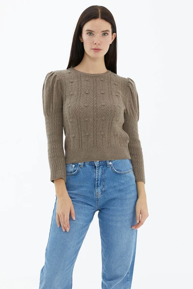 Balon Kol Saç Örgülü Triko Kazak - Vizon - Resim 2