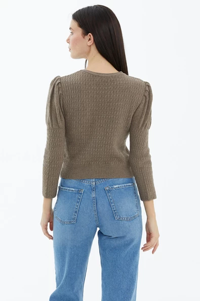 Balon Kol Saç Örgülü Triko Kazak - Vizon - Resim 4