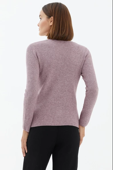 V Yaka Basic Triko Kazak - Gül - Resim 4