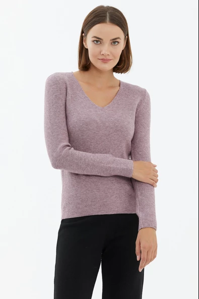 V Yaka Basic Triko Kazak - Gül ürün görseli