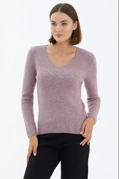 V Yaka Basic Triko Kazak - Gül - Resim 3