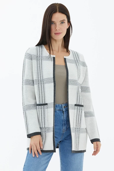 Yünlü Sıfır Yaka Cepli Triko Ceket - Beyaz ürün görseli