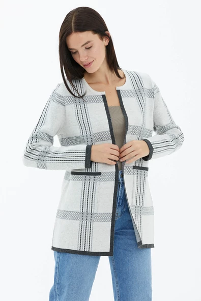 Yünlü Sıfır Yaka Cepli Triko Ceket - Beyaz - Resim 2