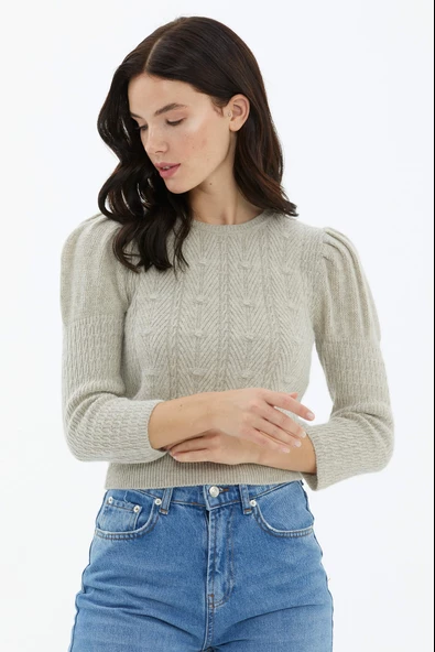 Balon Kol Saç Örgülü Triko Kazak - Somon - Resim 3