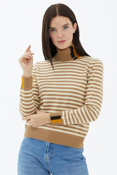 Tam Balıkçı Yaka Çizgili Triko Kazak - Kamel - Resim 3