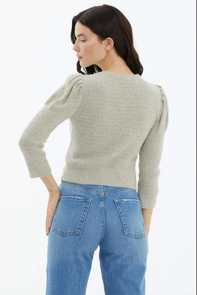 Balon Kol Saç Örgülü Triko Kazak - Somon - Resim 4