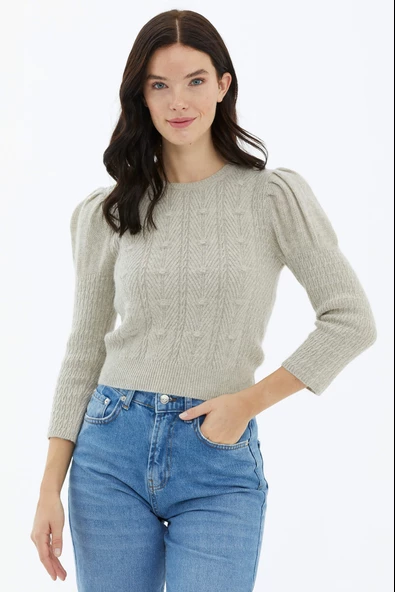 Balon Kol Saç Örgülü Triko Kazak - Somon - Resim 2