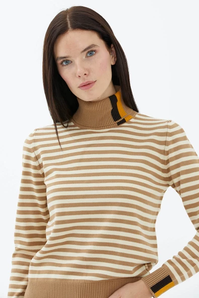 Tam Balıkçı Yaka Çizgili Triko Kazak - Kamel ürün görseli