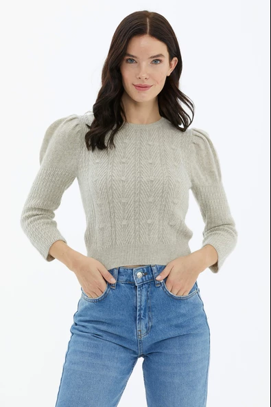 Balon Kol Saç Örgülü Triko Kazak - Somon ürün görseli