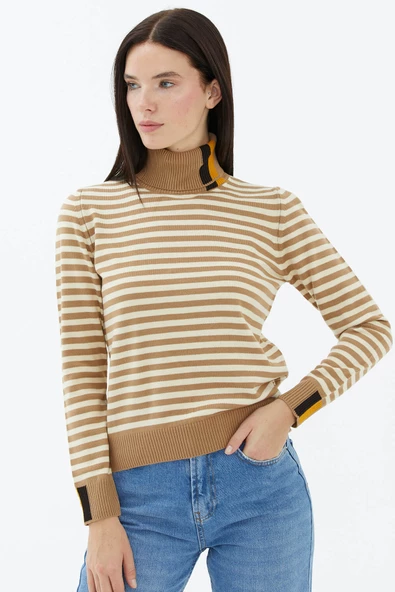 Tam Balıkçı Yaka Çizgili Triko Kazak - Kamel - Resim 2