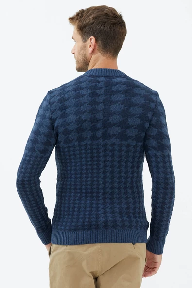 Fermuarlı Blok Desenli Triko Hırka - Indigo - 5