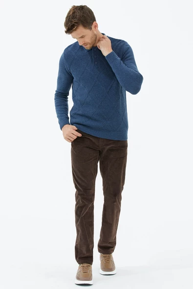 Polo Yaka Düğmeli Triko Kazak - Indigo - Resim 3