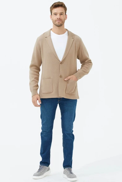 Polo Yaka Düğmeli Triko Ceket - Kamel - 3