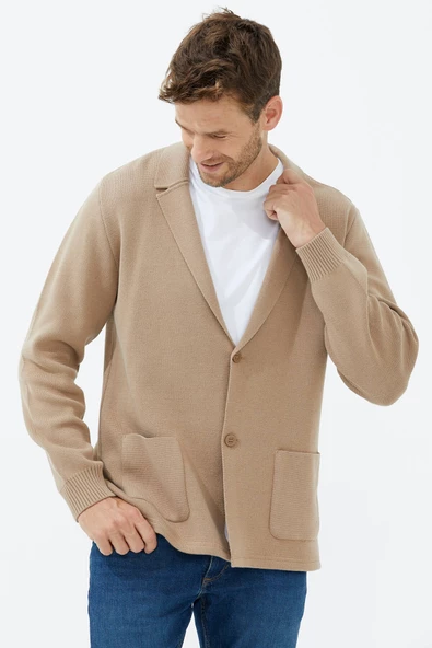 Polo Yaka Düğmeli Triko Ceket - Kamel - 2