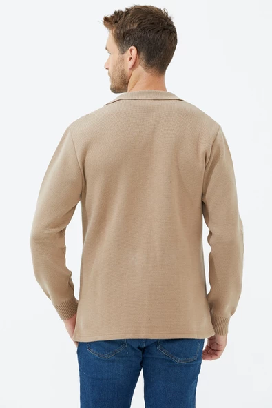 Polo Yaka Düğmeli Triko Ceket - Kamel - 4