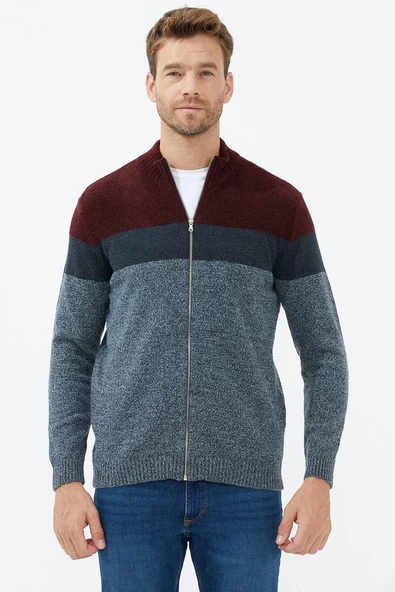 Dik Yaka Renkli Triko Hırka - Gri - 2