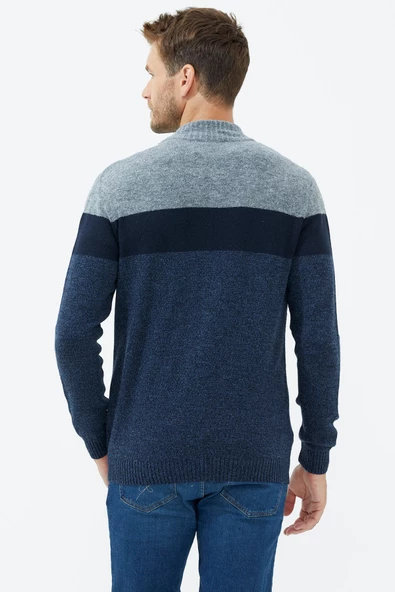Dik Yaka Renkli Triko Hırka - Indigo - 5