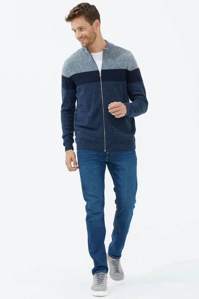 Dik Yaka Renkli Triko Hırka - Indigo - 3