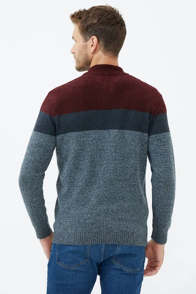 Dik Yaka Renkli Triko Hırka - Gri - 4