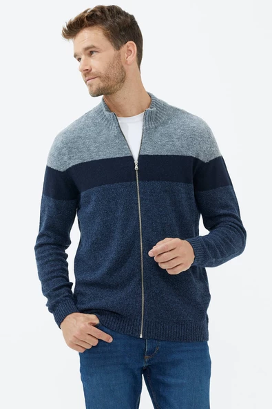 Dik Yaka Renkli Triko Hırka - Indigo - 4