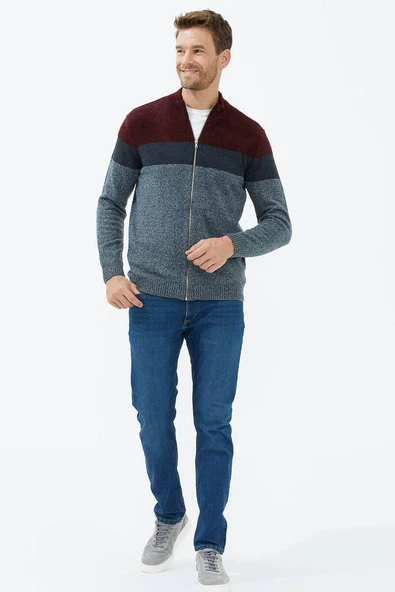 Dik Yaka Renkli Triko Hırka - Gri - 3