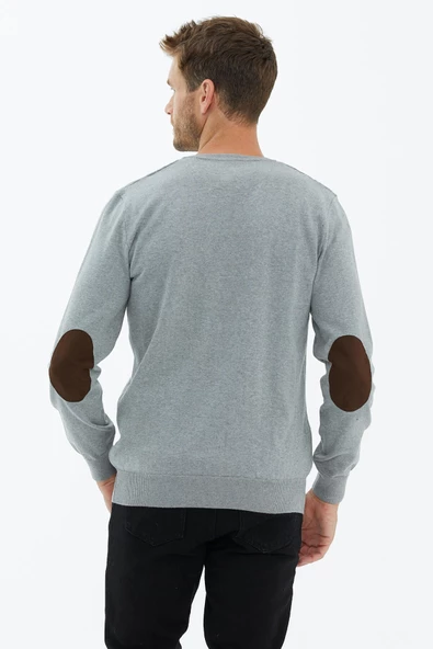 Süet Garnili Saç Örgülü Triko Kazak - Açık Gri - Resim 4